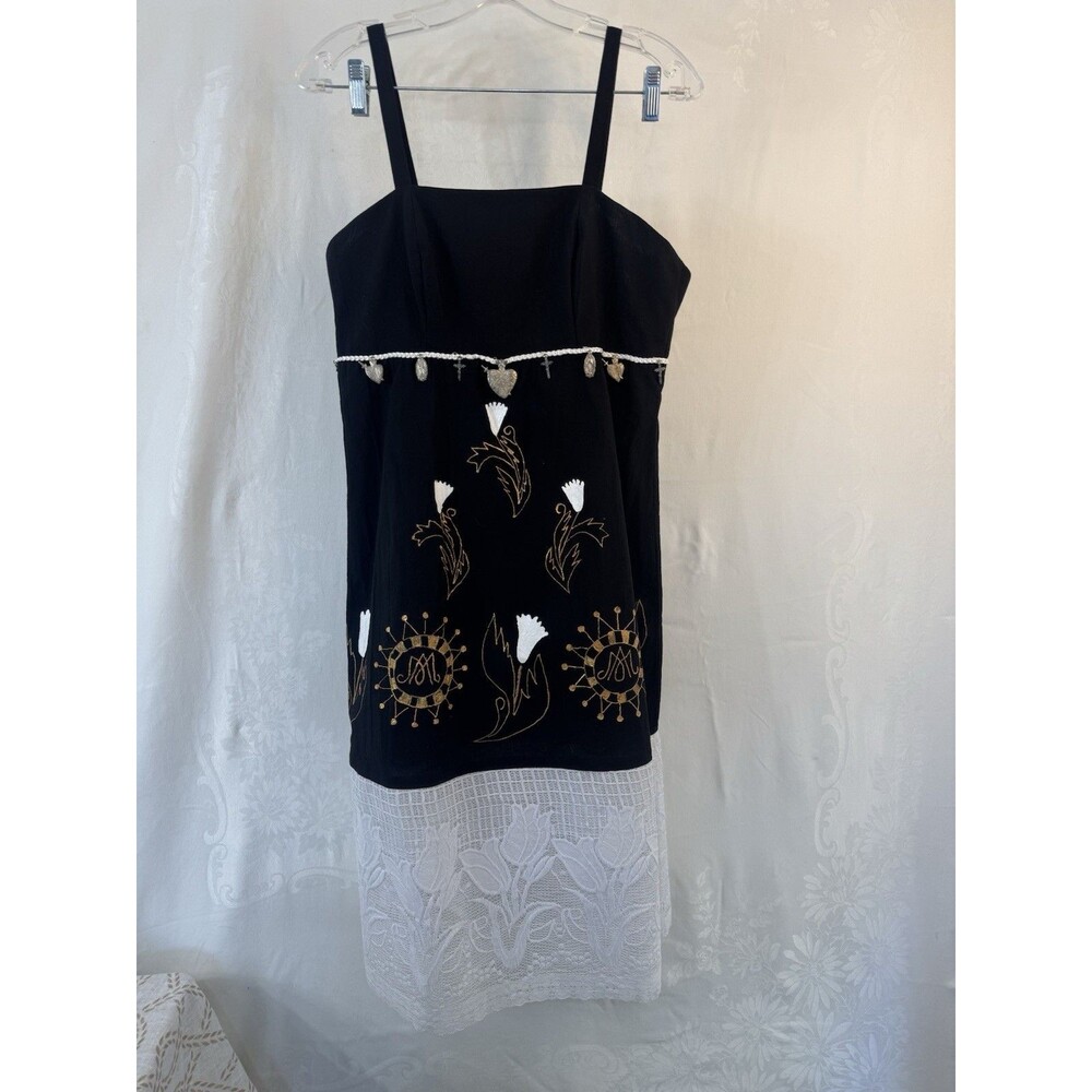Black Spaghetti Dress Customized with Sacred Heart Cross Doily Fabric Bottom